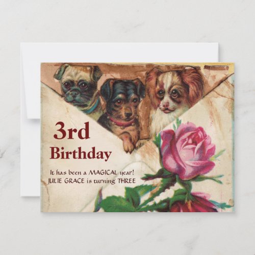THREE DOGGIES WITH ROSES3rd Birthday Parchment Invitation