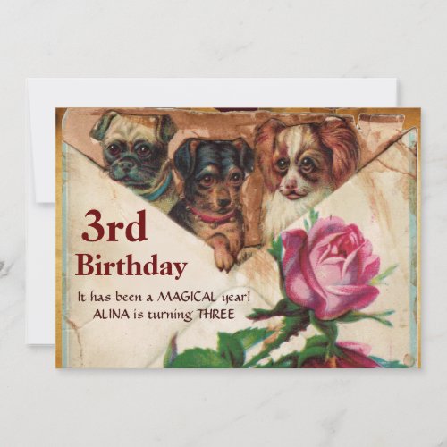 THREE DOGGIES WITH ROSES3rd Birthday Parchment Invitation