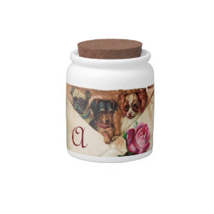 THREE DOGGIES WITH ROSES  MONOGRAM CANDY JAR