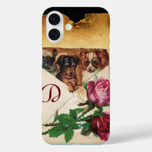 THREE DOGGIES WITH ROSES MONOGRAM iPhone 16 PLUS CASE