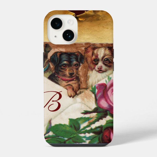 THREE DOGGIES WITH ROSES  MONOGRAM IPHONE CASE (Back)