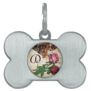 THREE DOGGIES WITH ROSES  MONOGRAM PET ID TAG