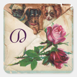 THREE DOGGIES WITH ROSES MONOGRAM SQUARE STICKER