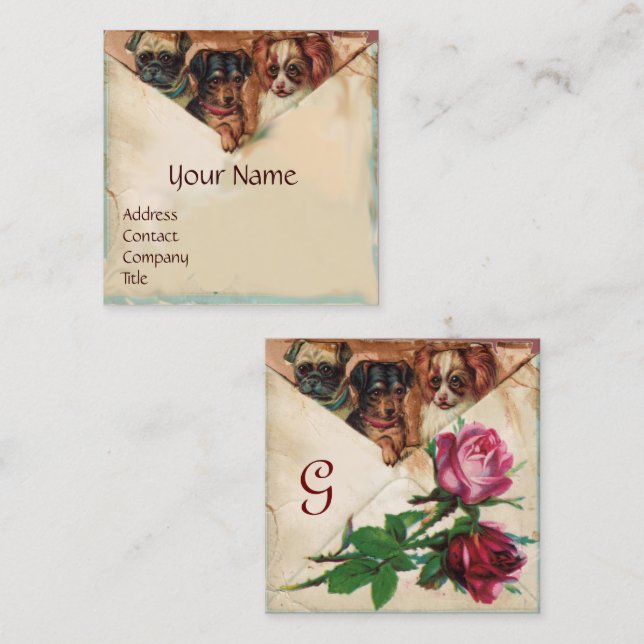 THREE DOGGIES WITH ROSES, Parchment,Monogram Square Business Card (Front/Back)