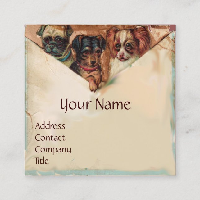 THREE DOGGIES WITH ROSES, Parchment,Monogram Square Business Card (Front)