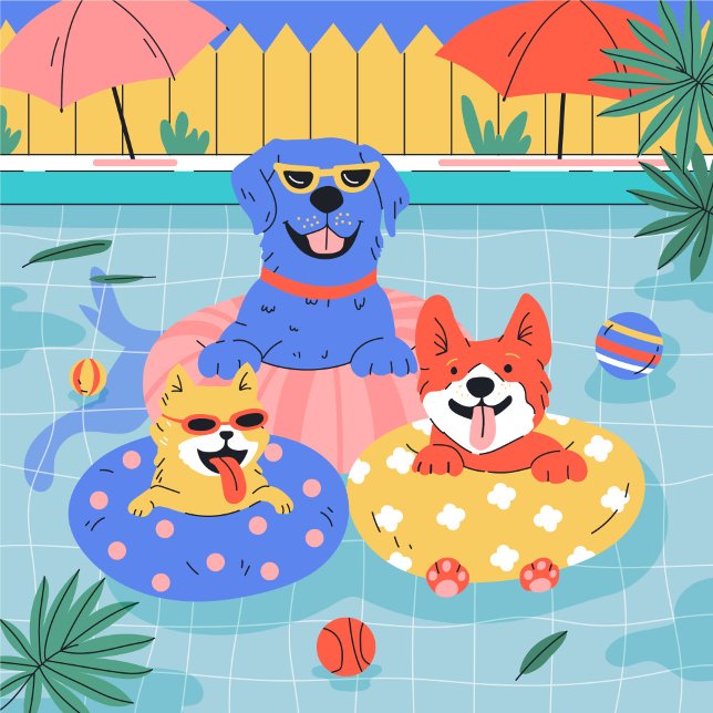 Three Dogs Igloo Half Gallon Beverage Cooler (Three dogs of different breeds with inflatable rings in a swimming pool with umbrellas!)