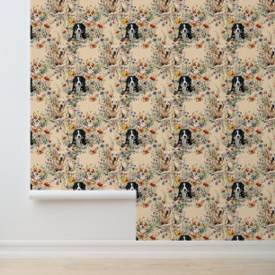 Three Dogs in Wildflowers Seamless Wallpaper