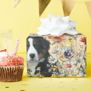 Three Dogs in Wildflowers Seamless Wrapping Paper