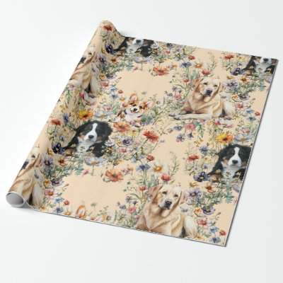 Three Dogs in Wildflowers Seamless  Wrapping Paper