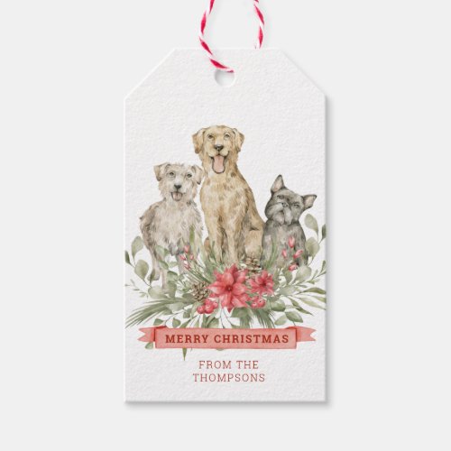 Three Dogs with Flowers  Merry Christmas Gift Tags