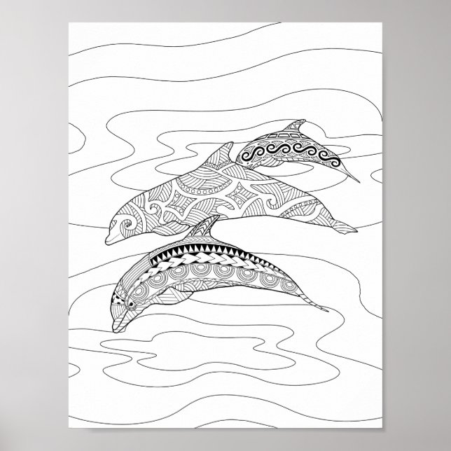 Three Dolphins Adult Coloring Poster (Front)