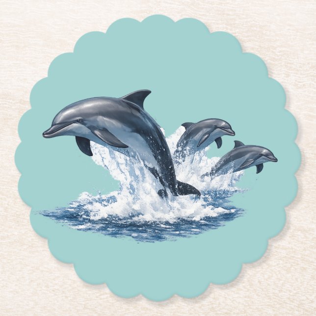 Three Dolphins Jumping, Ocean Life Hat Design Paper Coaster (Front)