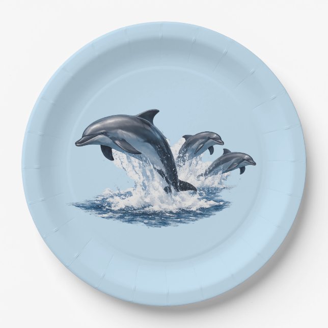 Three Dolphins Jumping, Ocean Life Hat Design Paper Plates (Front)