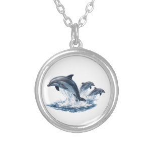 Three Dolphins Jumping, Ocean Life Hat Design Silver Plated Necklace