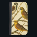 Three Domestic Birds Perched on a Branch Phone Wallet<br><div class="desc">Artist W. Rutledge captured perfectly the vivid colors of those domestic birds. Get this simple yet beautifully realistic painting. Side view of two yellow birds and one darker bird on a branch and looking in different directions.</div>