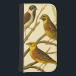Three Domestic Birds Perched on a Branch Phone Wallet<br><div class="desc">Artist W. Rutledge captured perfectly the vivid colors of those domestic birds. Get this simple yet beautifully realistic painting. Side view of two yellow birds and one darker bird on a branch and looking in different directions.</div>
