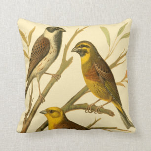 Three Domestic Birds Perched on a Branch Throw Pillow
