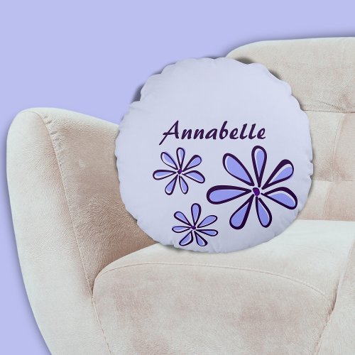 Three Doodle Blossoms Name Purple Blue Round Pillow