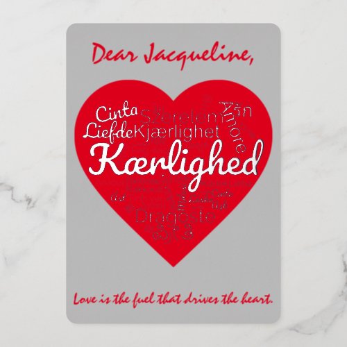 Three Dozen Ways to write LOVE in a Heart Shape Foil Holiday Card