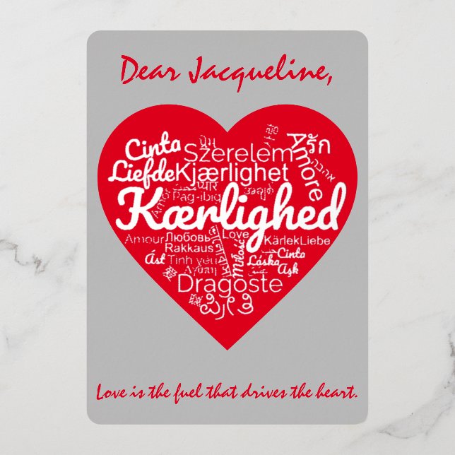 Three Dozen Ways to write LOVE in a Heart Shape Foil Holiday Card (Front)