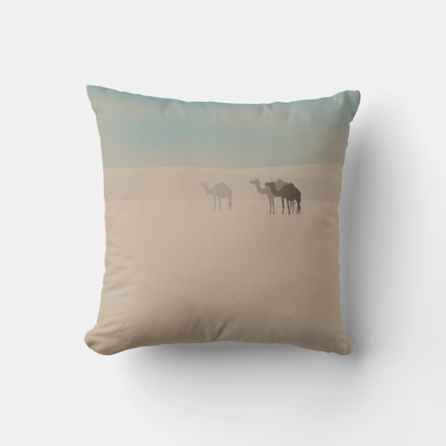 Three dromedary camels walking in Sahara desert Throw Pillow (Front)