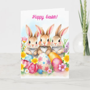 Three Easter Bunnies and Flowered Eggs Holiday Card