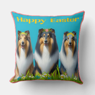 Three Easter Collies Throw Pillow