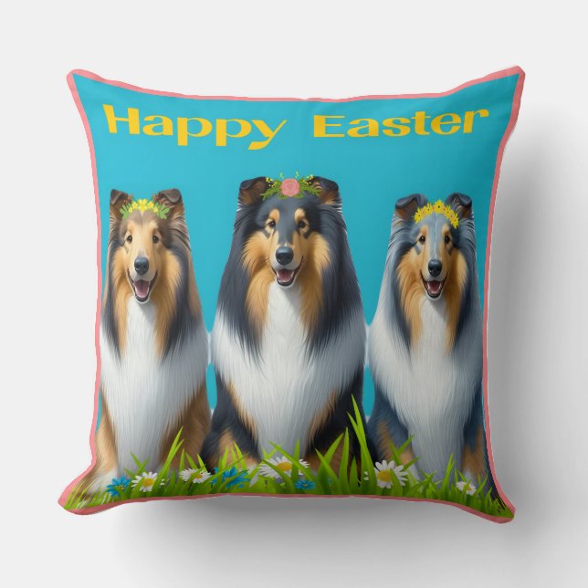 Three Easter Collies Throw Pillow (Front)