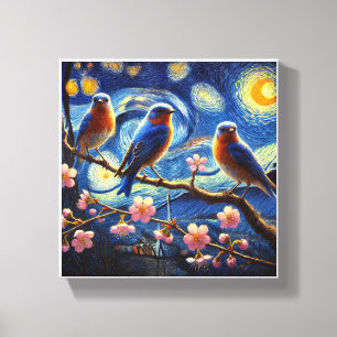 Three eastern bluebirds Van Gogh Art Canvas Print