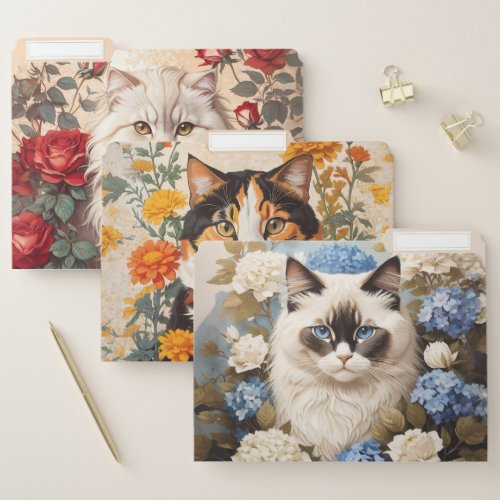 Three Elegant Cat Designs Floral  File Folder