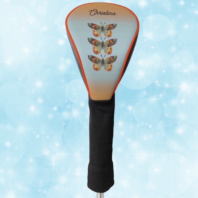 Three elegant Monarch Butterflies Blue Orange Golf Head Cover (Three monarach butterflies Autumn colours on blue and orange golf club cover.)