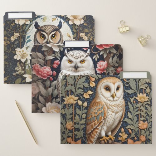Three Elegant Owls William Morris Inspired File Folder