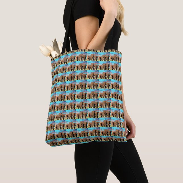 Three Elephants At Sunrise Pattern, Tote Bag (Close Up)