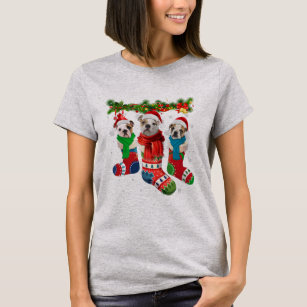 Three English Bulldogs In Christmas Socks  T-Shirt