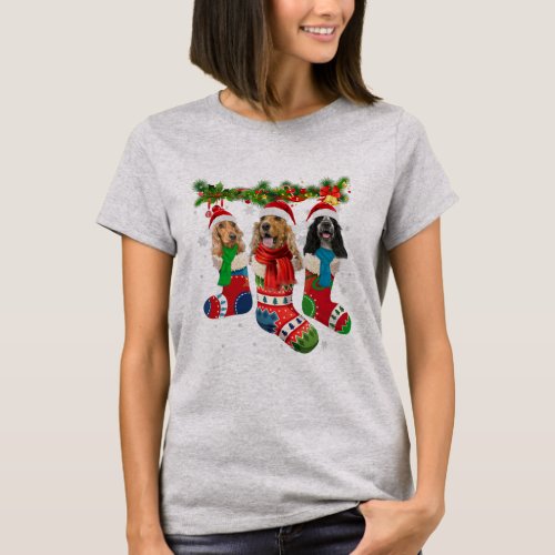 Three English Cocker Spaniels In Christmas Socks  T_Shirt