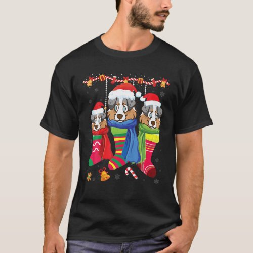 Three English Shepherd Dog Inside Christmas Socks  T_Shirt