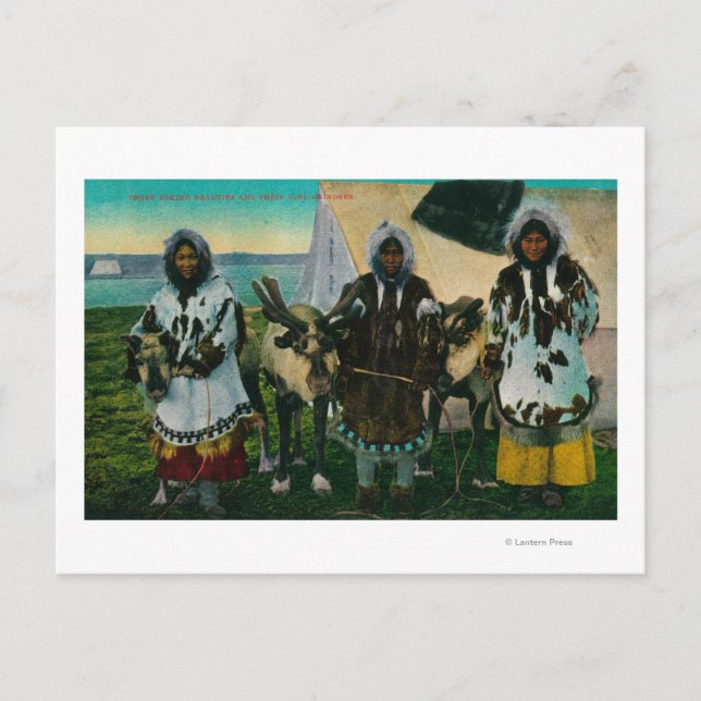 Three Eskimo Beauties and Sled ReindeerState Postcard (Front)
