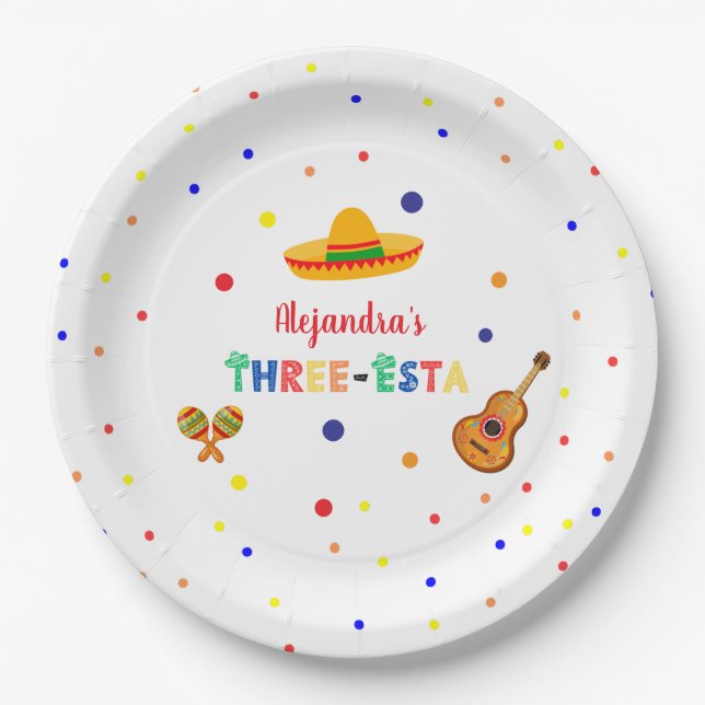 Three Esta Fiesta 3rd birthday party Paper Plates (Front)