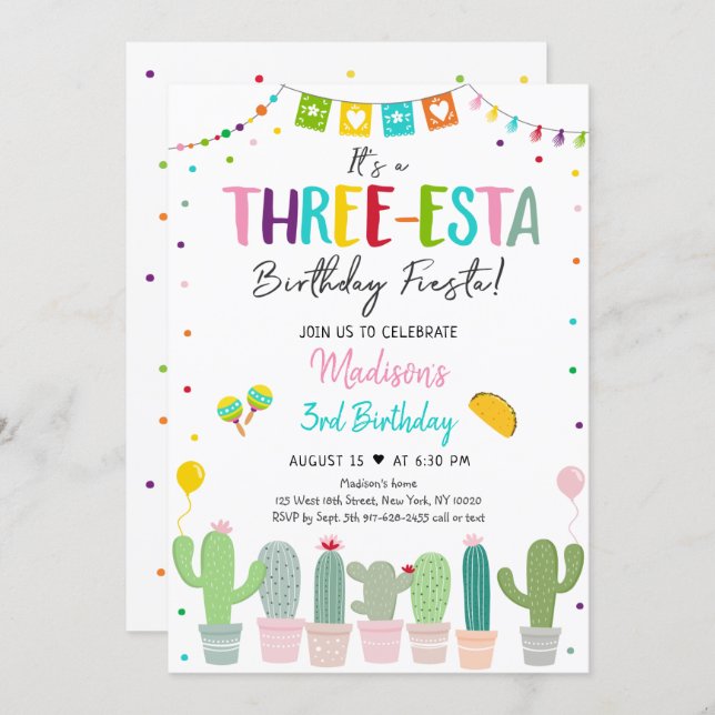 Three-esta Fiesta Cactus Girl Birthday Invitation (Front/Back)