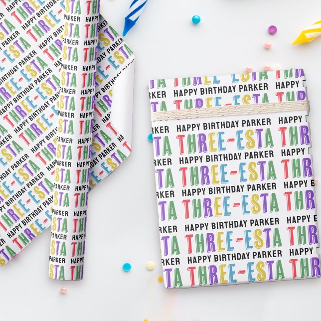 Three-esta Fiesta Colorful 3rd birthday Wrapping Paper (Get this 3rd birthday party started with Three-Esta gift wrap, personalized for your 3 year old!)