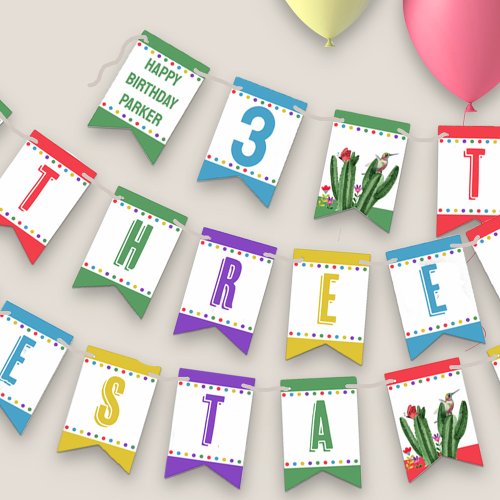 Three_Esta Fiesta Colorful Kids 3rd Birthday Bunting Flags