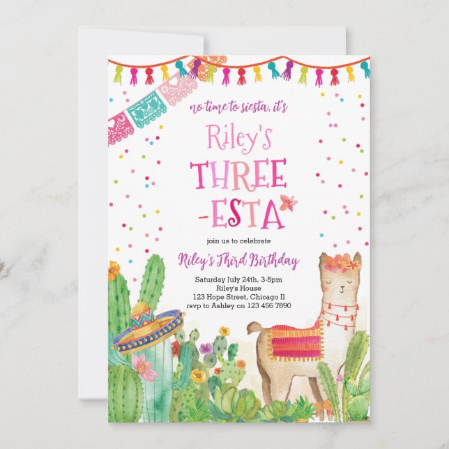Three Esta Fiesta Girl 3rd Birthday Invitation (Front)