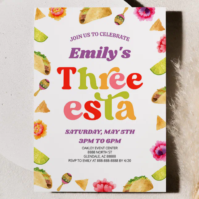 Three Esta Fiesta Taco 3rd Third Birthday Party Invitation | Zazzle