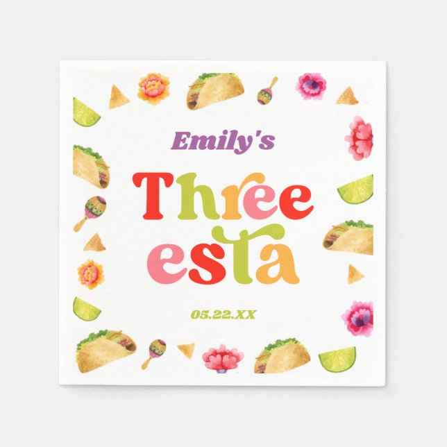 Three Esta Fiesta Taco Tuesday 3rd Birthday Party Napkins (Front)