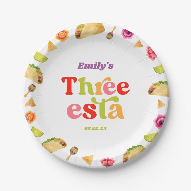 Three Esta Fiesta Taco Tuesday 3rd Birthday Party Paper Plates (Front)