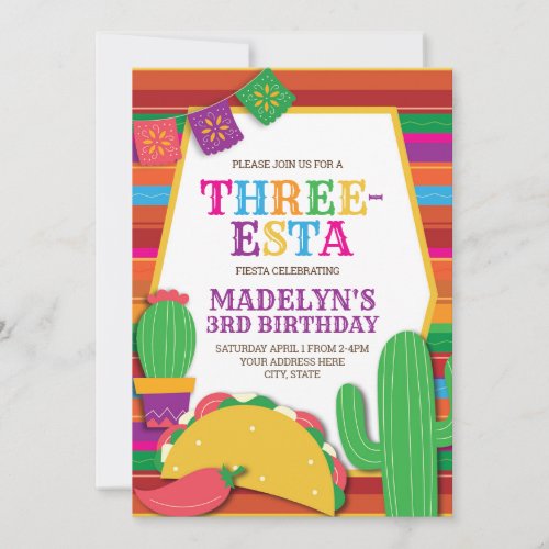 Three_Esta Mexican Fiesta Taco Third Birthday Invitation