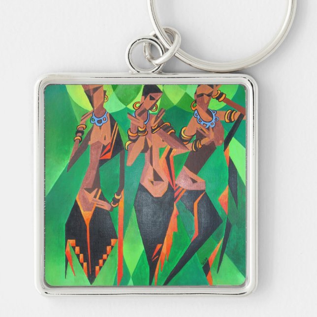 Three Ethnic Traditional Black Women Dancing Keychain (Front)