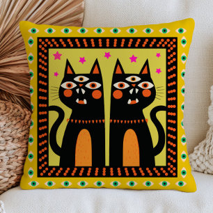 Three-Eyed Black Cats Funky Evil Eyes Maximalist Throw Pillow