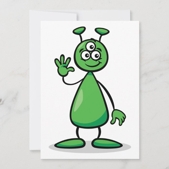 Three-Eyed Green Alien Martian Cartoon Invitation (Front)