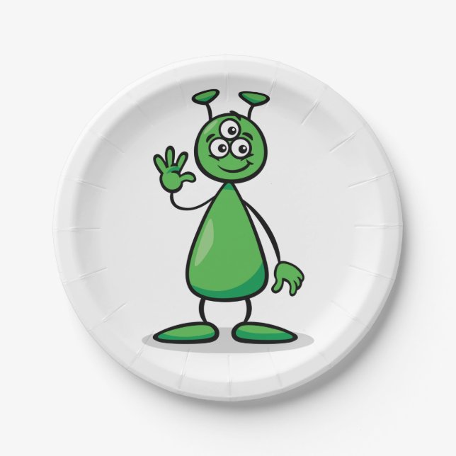 Three-Eyed Green Alien Martian Cartoon Paper Plates (Front)